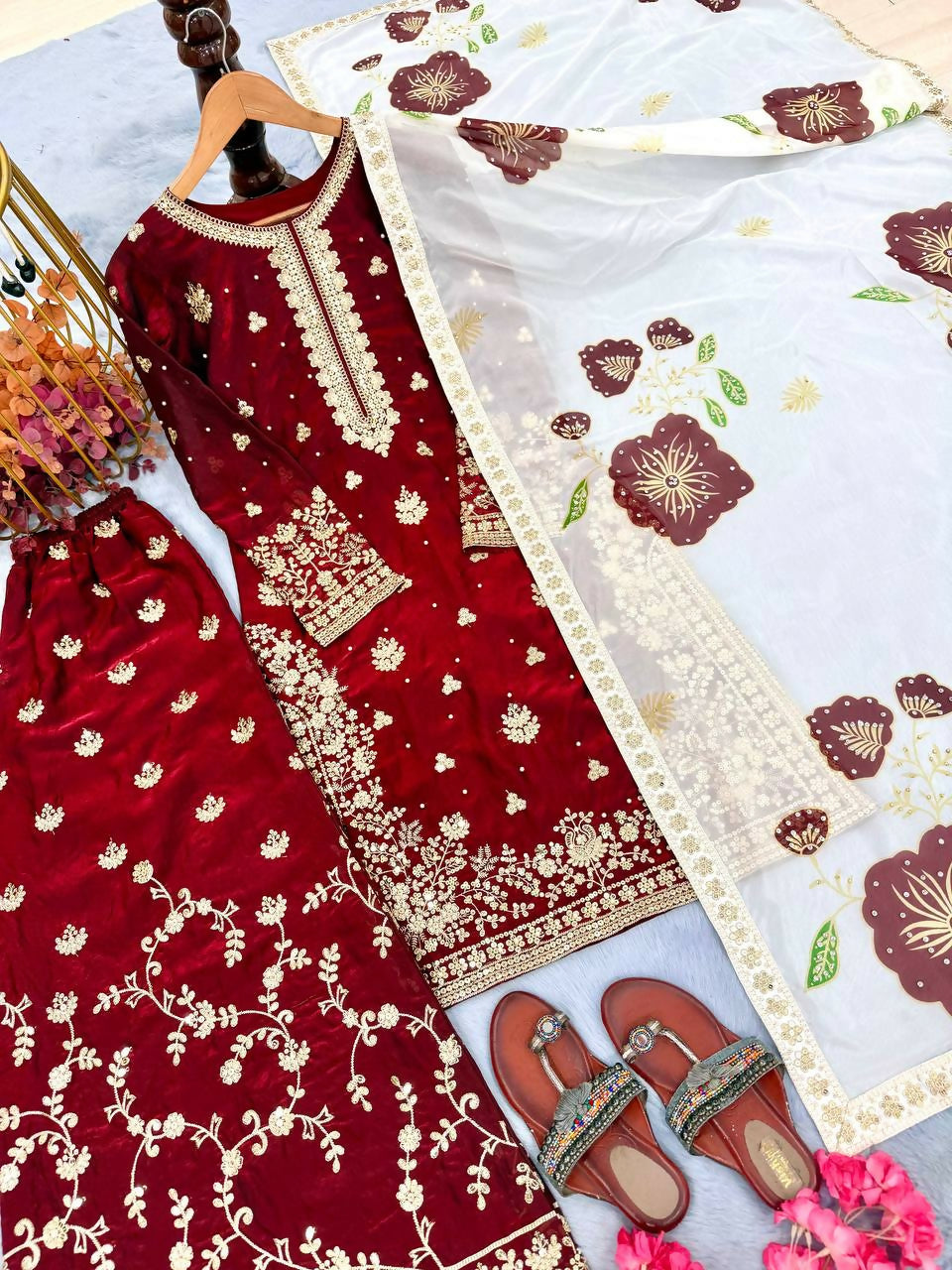 Teeya Creation Maroon Fendy Silk Beads Work Designer Wedding Wear Salwar Suit | Grocsy