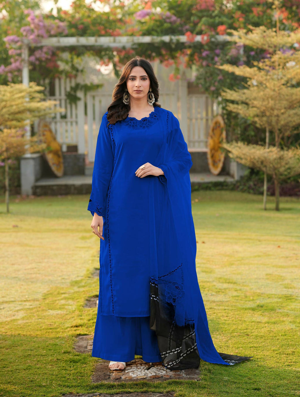 Nikhaar Royal Blue Embroidered Art Silk Stitched Straight Cut Kurta Palazzo Dupatta Readymade Suit | Grocsy