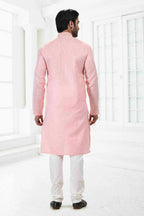 Raivat Ethnic Linen Cotton Thread Work Kurta Pajama In Pink Colour | Grocsy