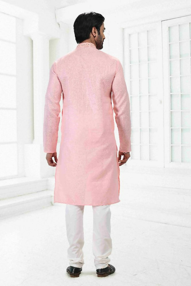 Raivat Ethnic Linen Cotton Thread Work Kurta Pajama In Pink Colour | Grocsy