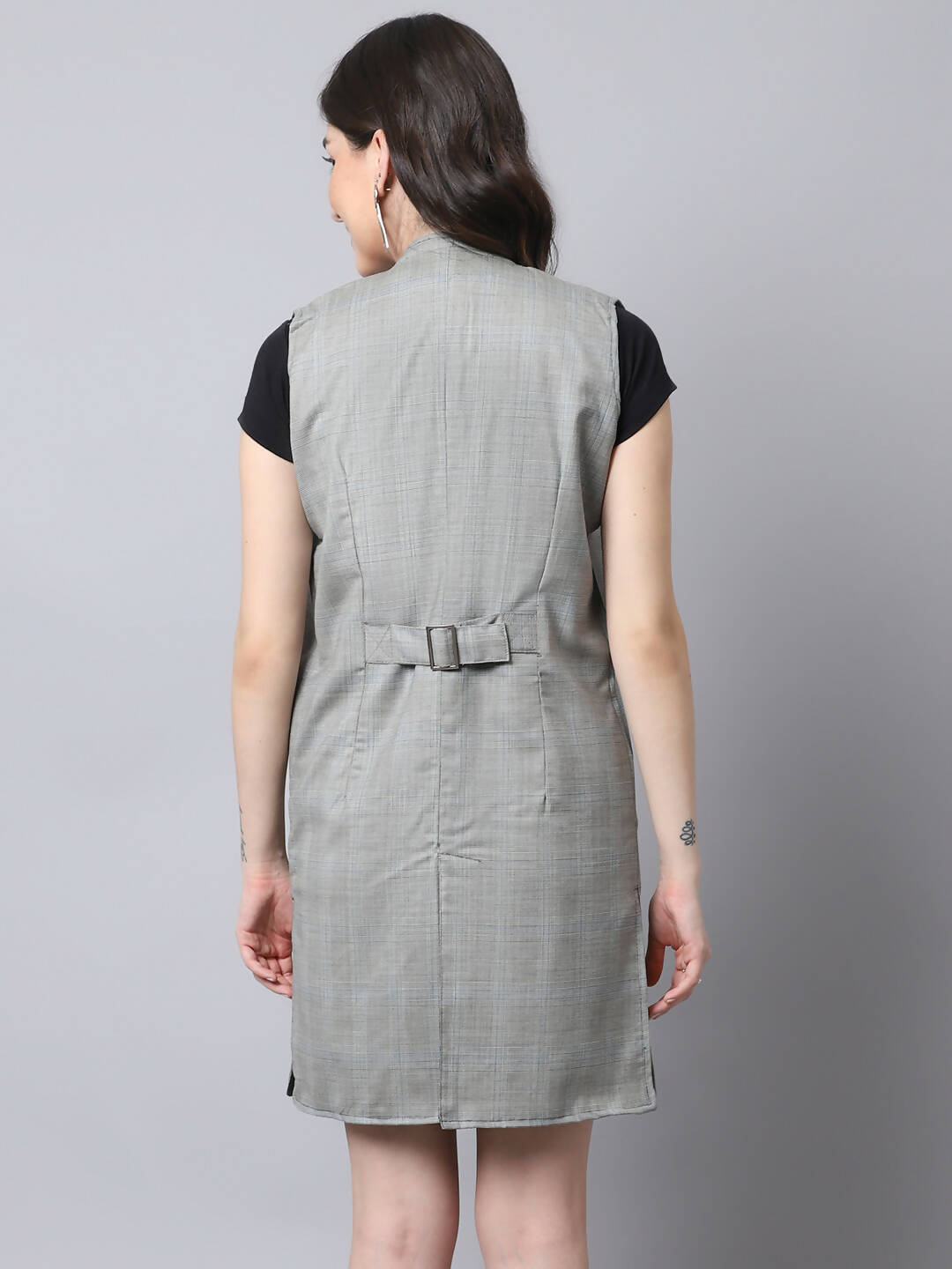 Even Apparels Grey Polywool Open Front Checked Women's Long Coat | Grocsy