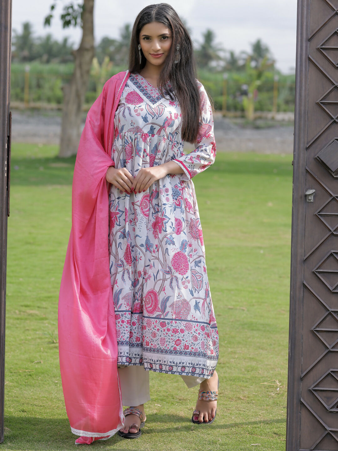 The52 Women's Beautiful Rayon Fabric Printed Work Flared Kurta Pant and Dupatta Set | Grocsy