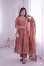 Teeya Creation Womens New Latest Trendy Elegant Peach Embroidered Anarkali Suit Set with Scalloped Dupatta | Grocsy