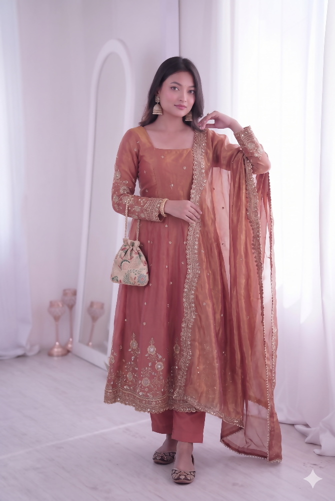 Teeya Creation Womens New Latest Trendy Elegant Peach Embroidered Anarkali Suit Set with Scalloped Dupatta | Grocsy