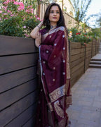 DEIANA'S Beautiful Designer Golden zari Soft Cotton Saree - Wine | Grocsy