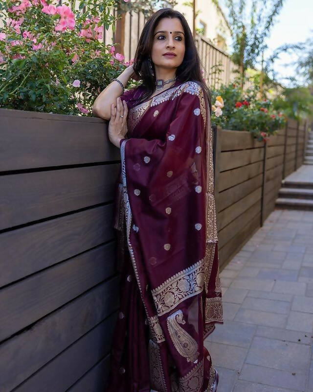 DEIANA'S Beautiful Designer Golden zari Soft Cotton Saree - Wine | Grocsy