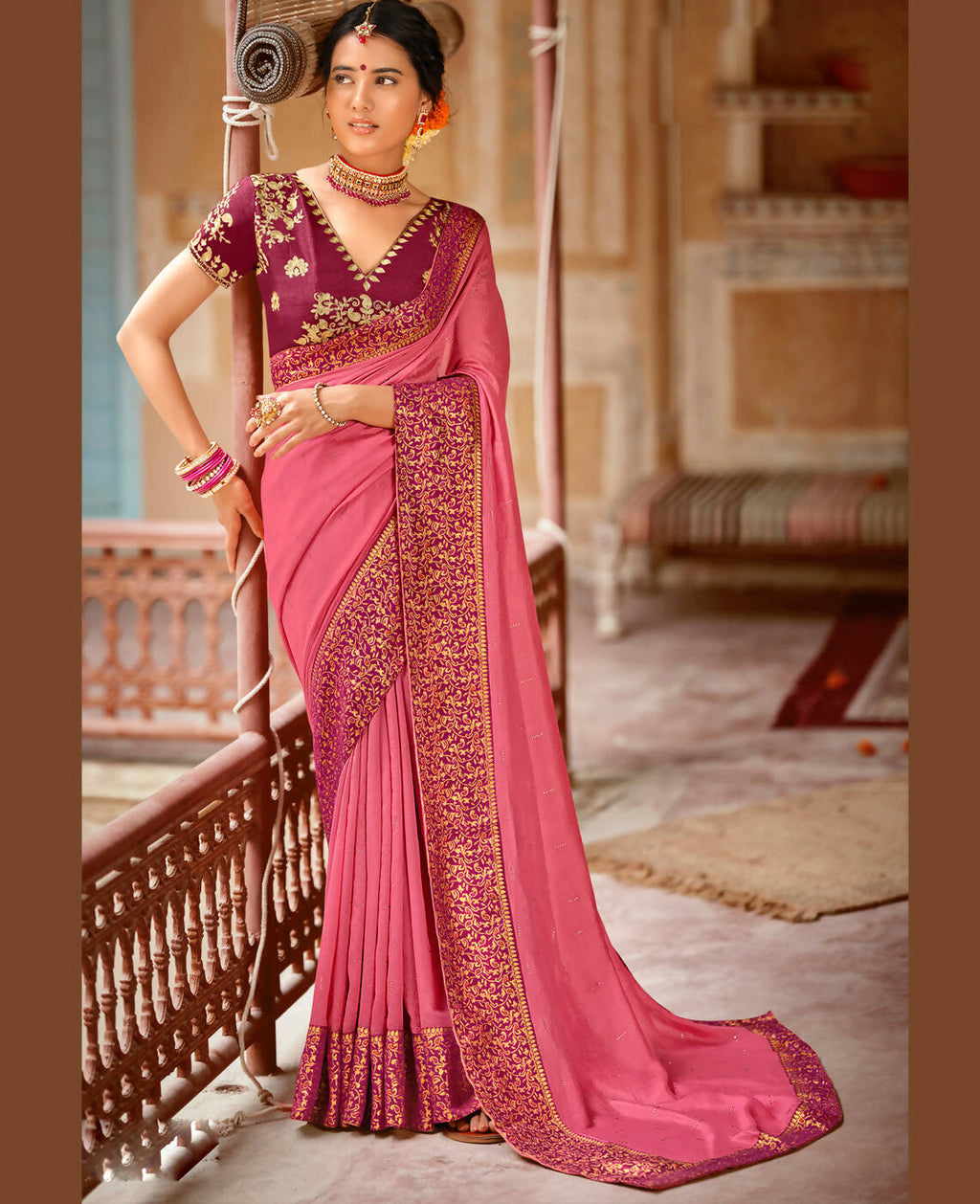 Pink Vichitra Stone Work Saree With Unstitched Blouse Piece - Rosy | Grocsy