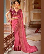 Pink Vichitra Stone Work Saree With Unstitched Blouse Piece - Rosy | Grocsy