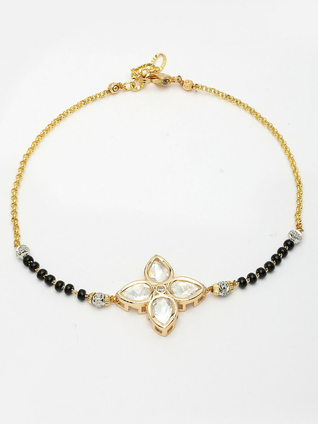 NVR Women Gold-Polished & Black Brass Stone-Studded Hand Mangalsutra Link Bracelet | Grocsy