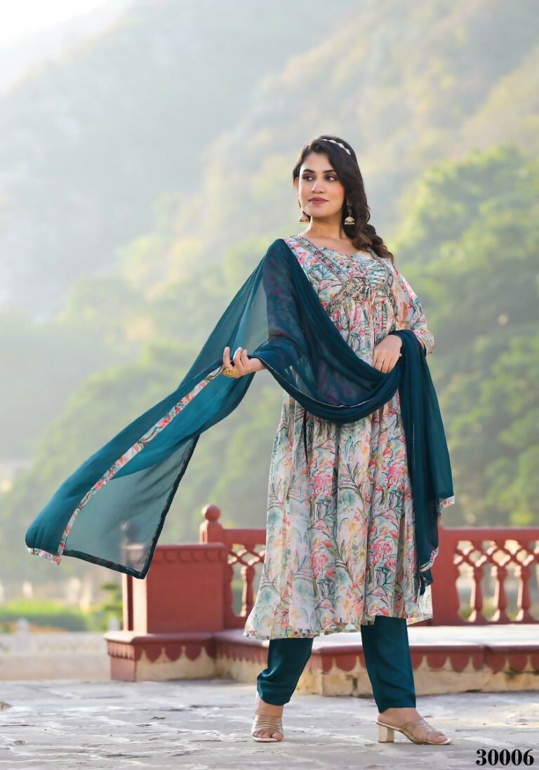 Designer Stylish Multi Slim Georgette Stitched Suit With Dupatta - Kiyara | Grocsy