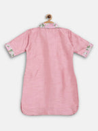 Ahalyaa Pink Poly Silk Solid Kids Kurta with Printed Pant Set For Girls | Grocsy