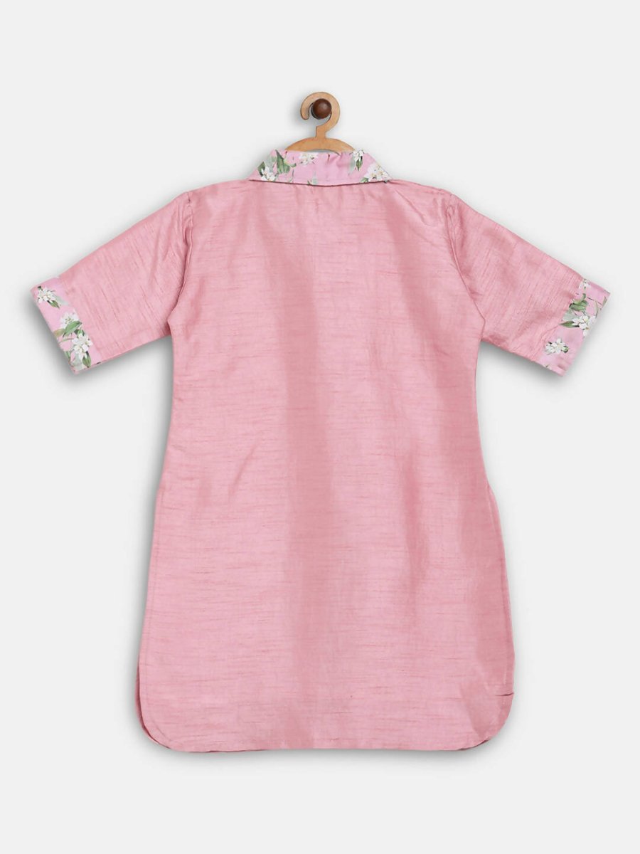 Ahalyaa Pink Poly Silk Solid Kids Kurta with Printed Pant Set For Girls | Grocsy