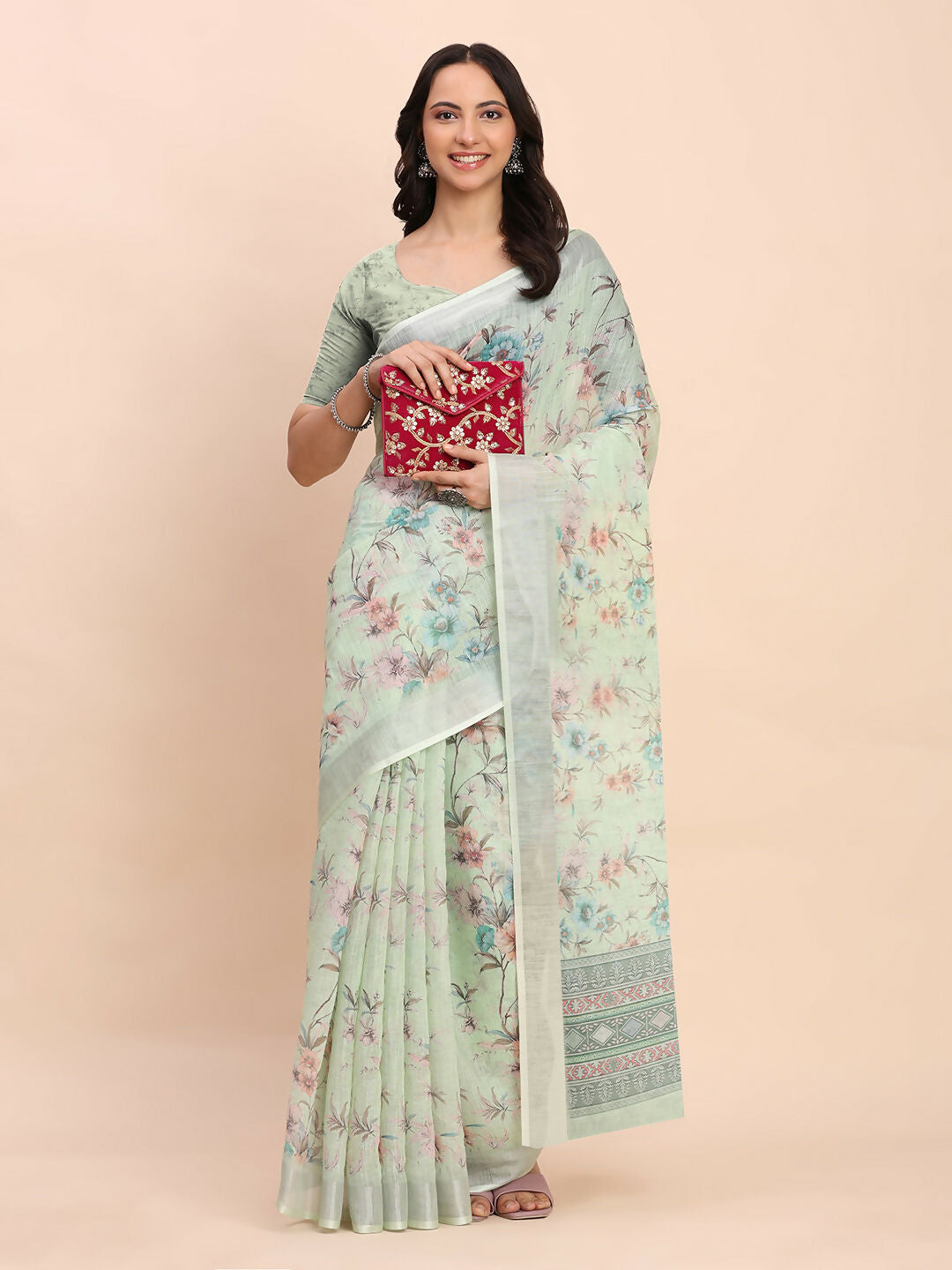 Shree Shyam Fashion Linen Cotton Light Green Saree | Grocsy