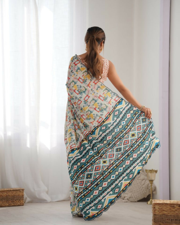 Off White Chinon Designer Digital Printed & Mirror Cut Work Saree - Kriti | Grocsy
