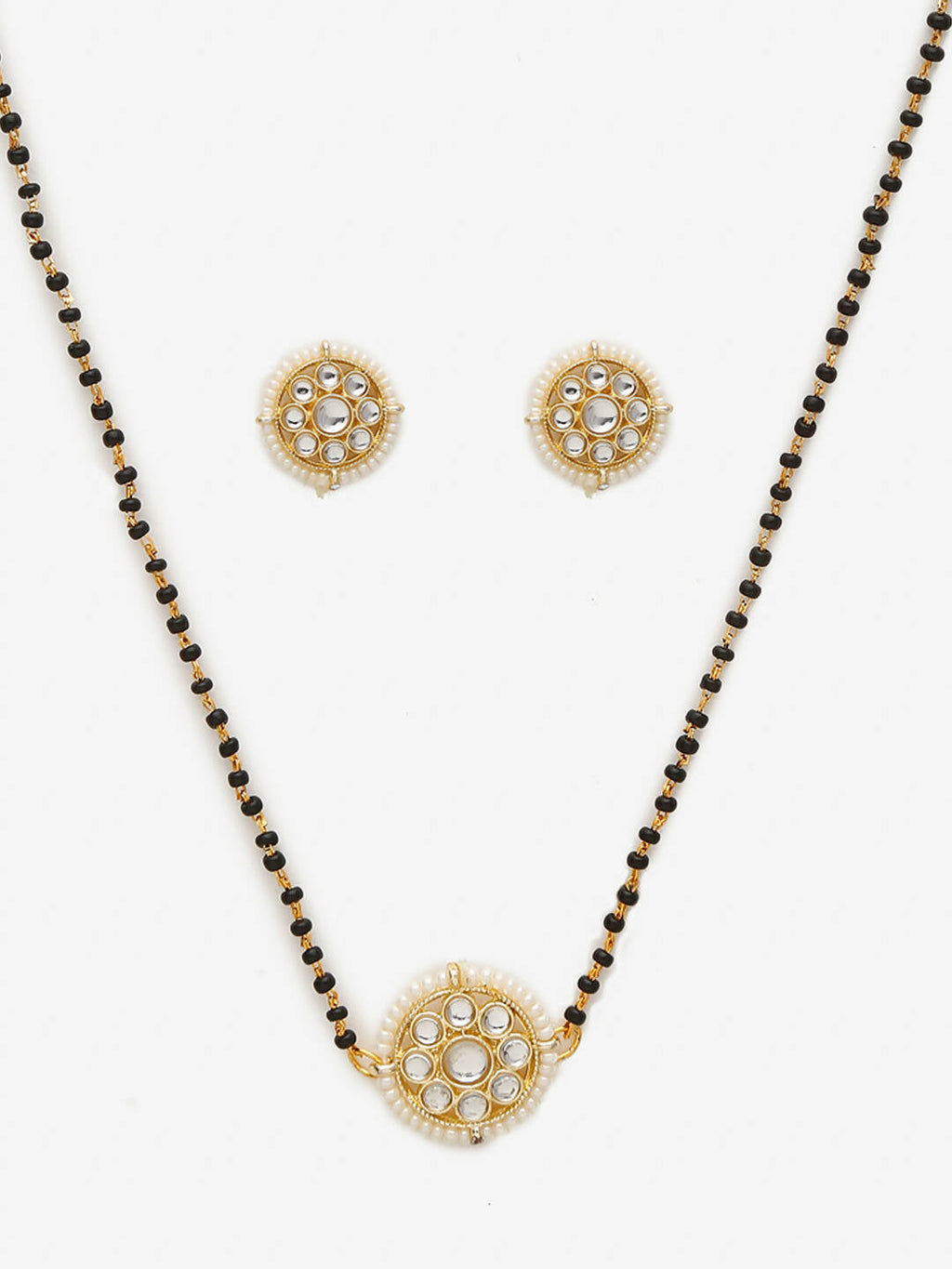 Gold-Polished Black Kundan Beaded Mangalsutra With Studs - Ruby Raang | Grocsy