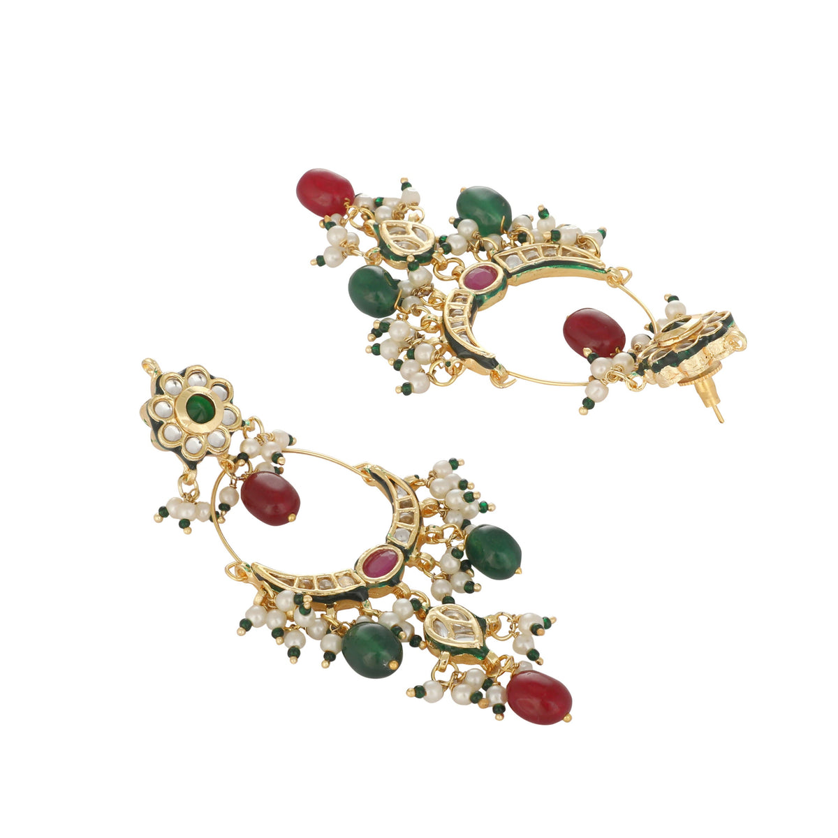 Nuyug 22K Gold Plated Crescent Kundan Drop Red Stone Chandbali Earrings | Grocsy