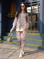 Pink & Beige Rayon Floral Printed Top with Matching Bottom - Eesha | Grocsy