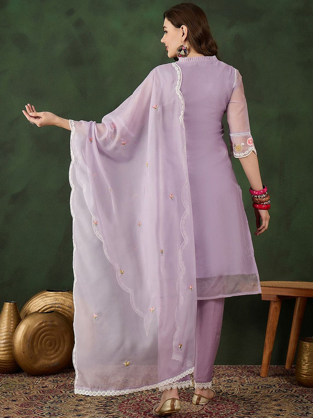 Sangria Embroidered Kurta With Trouser & Dupatta Set | Grocsy