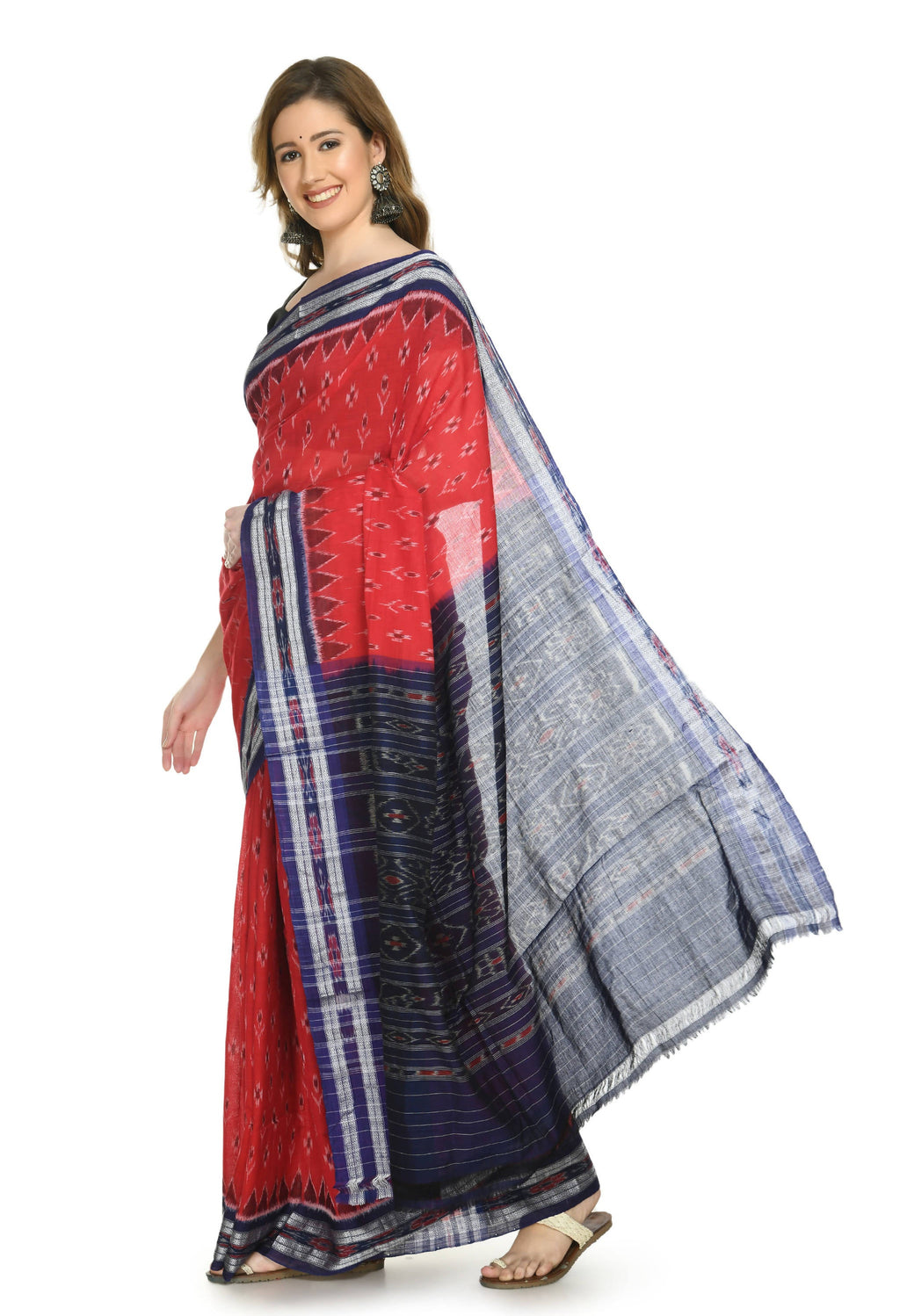 Vamika Sambalpuri Ikat Cotton Dehabandha Badafula Red & Blue Saree | Grocsy