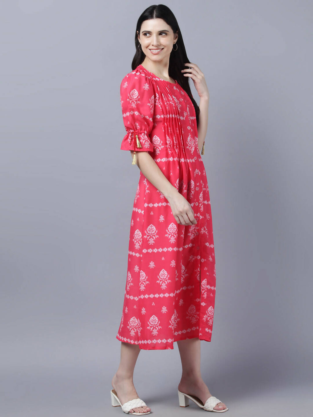Myshka Women's Pink White Ethnic Motifs Printed Maxi Dress | Grocsy