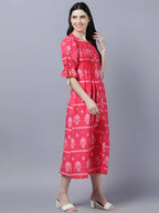 Myshka Women's Pink White Ethnic Motifs Printed Maxi Dress | Grocsy