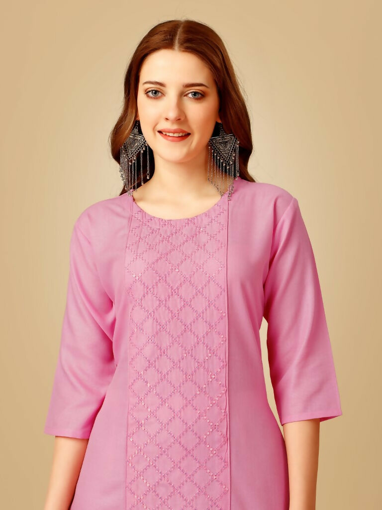 Jyoti Fashion Women's Pink Cotton Blend Embroidered Kurta Pant Set | Grocsy