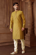 Joban Fashion Mehndi Green art Silk Blend Strips kurta Pyjama | Grocsy