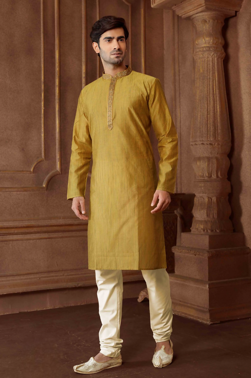 Joban Fashion Mehndi Green art Silk Blend Strips kurta Pyjama | Grocsy
