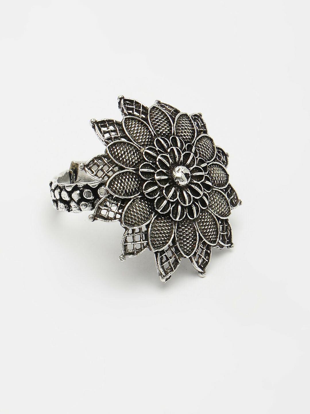 NVR Women's Silver-Toned Floral Shape Adjustable Finger Ring | Grocsy