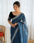 Attrctive Looking Gold Jari, Sequance Embroidery Work Twill Net Party Wear Saree - Teal | Grocsy