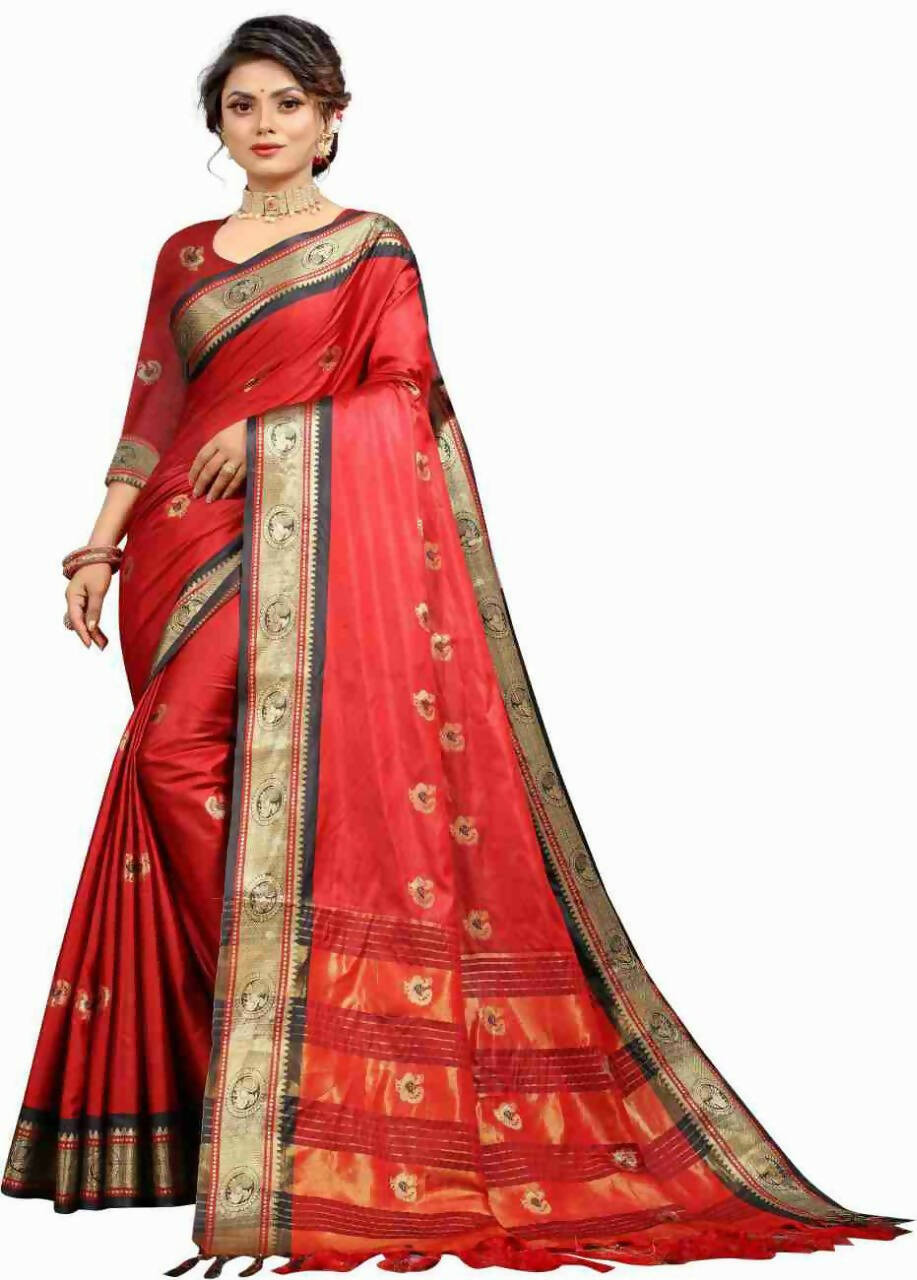 DEIANA'S Beautiful Designer Golden zari Soft Lichi Silk Saree - Red | Grocsy