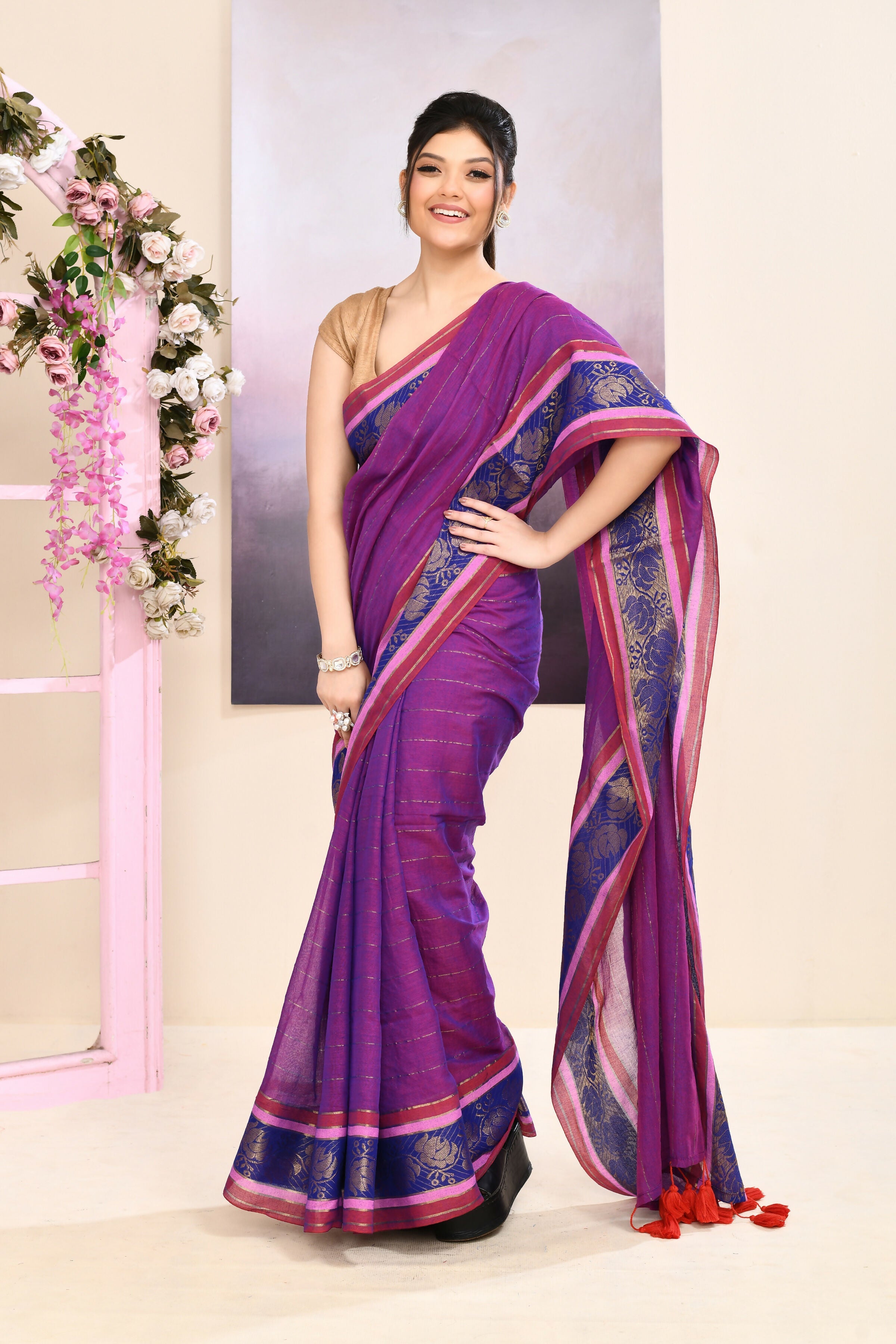 Piyari Fashion Women's Purple Embellished Zari Border Cotton Saree | Grocsy