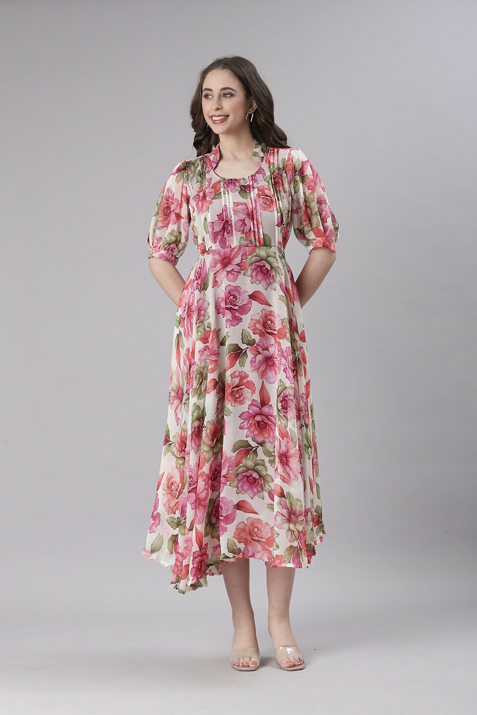 Souchii Cream Floral Chiffon Dress | Grocsy