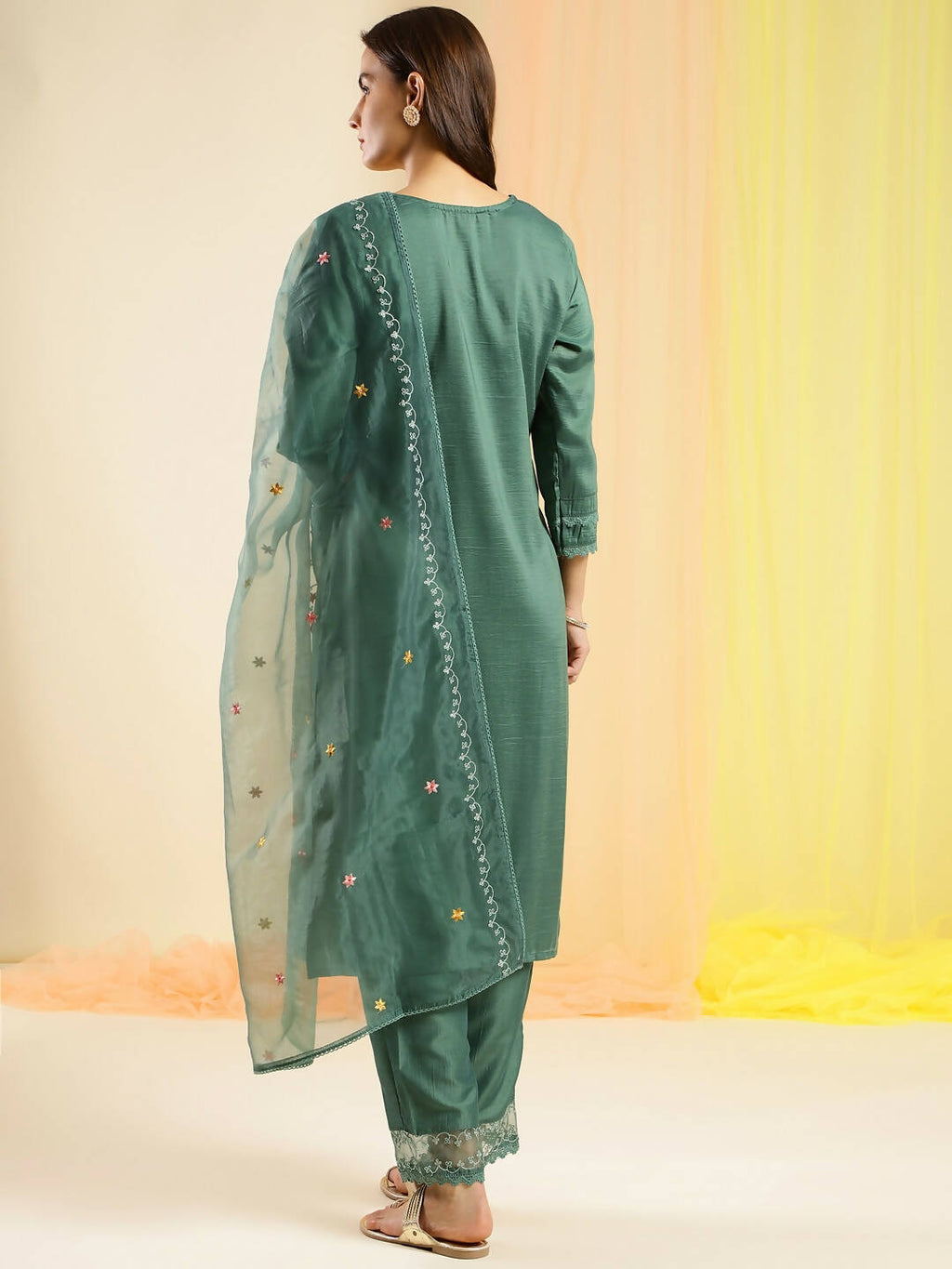 Green Chinon Embroidered Straight Kurta with Trouser & Dupatta - Salimar | Grocsy