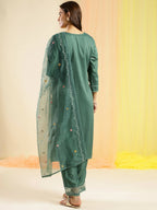 Green Chinon Embroidered Straight Kurta with Trouser & Dupatta - Salimar | Grocsy