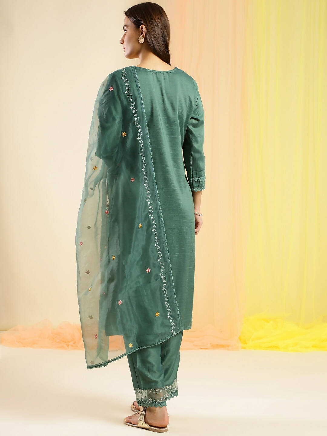 Green Chinon Embroidered Straight Kurta with Trouser & Dupatta - Salimar | Grocsy