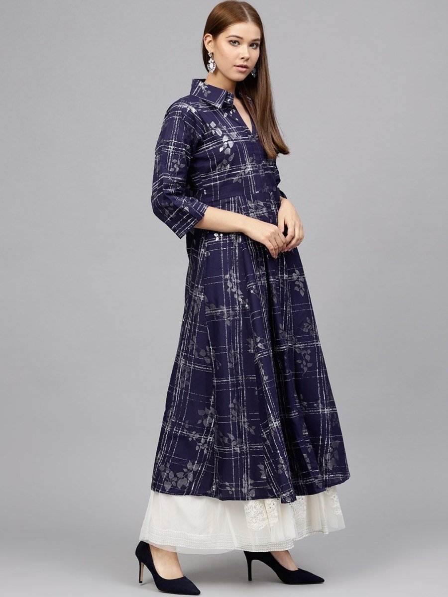 Ahalyaa Women's Navy Blue Cotton Printed Kurta | Grocsy