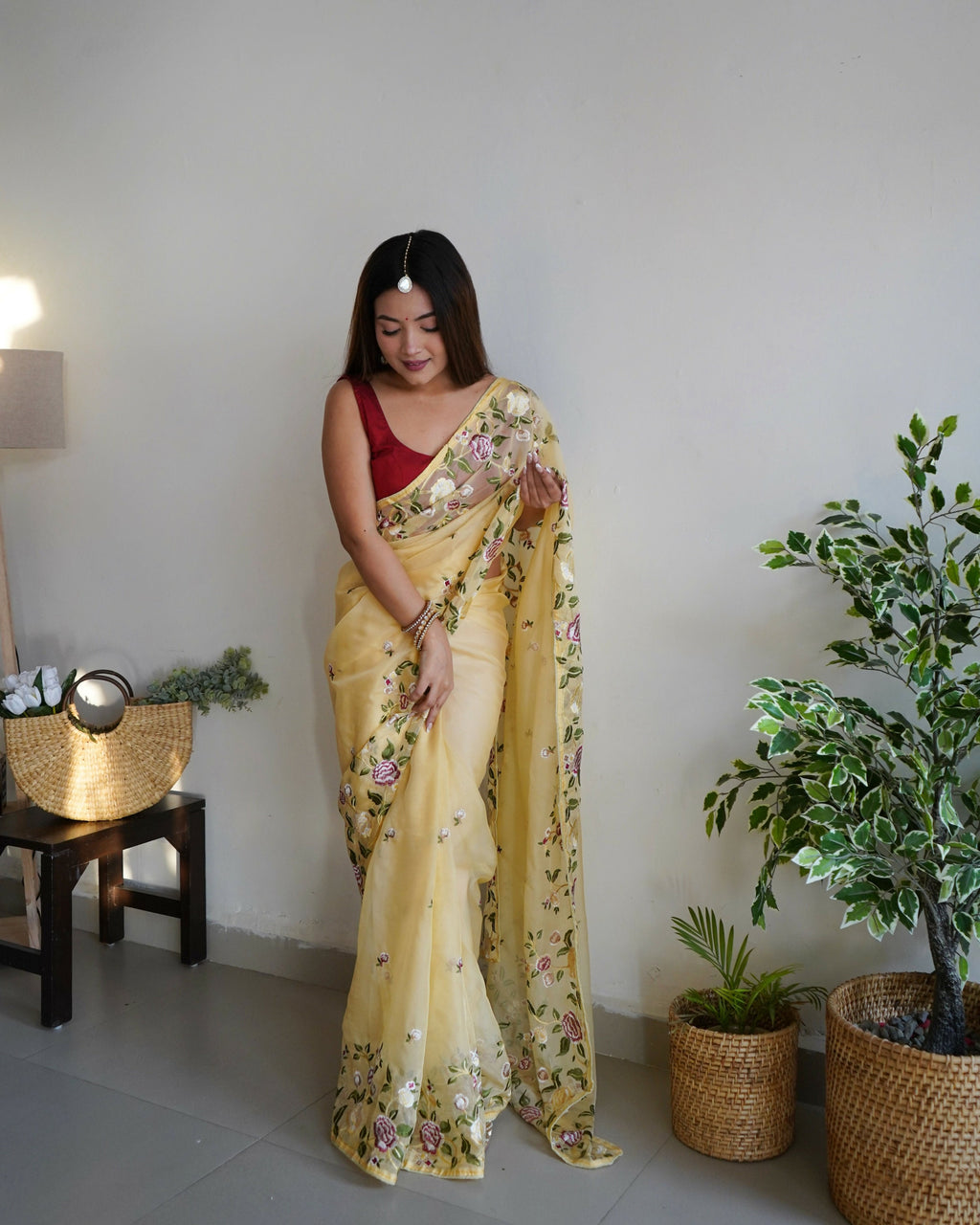 Vamsee Damini Yellow Gold Tebi Silk Saree | Grocsy