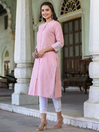 Juniper Women's Pink Cotton Slub Embroidered Straight Kurta | Grocsy
