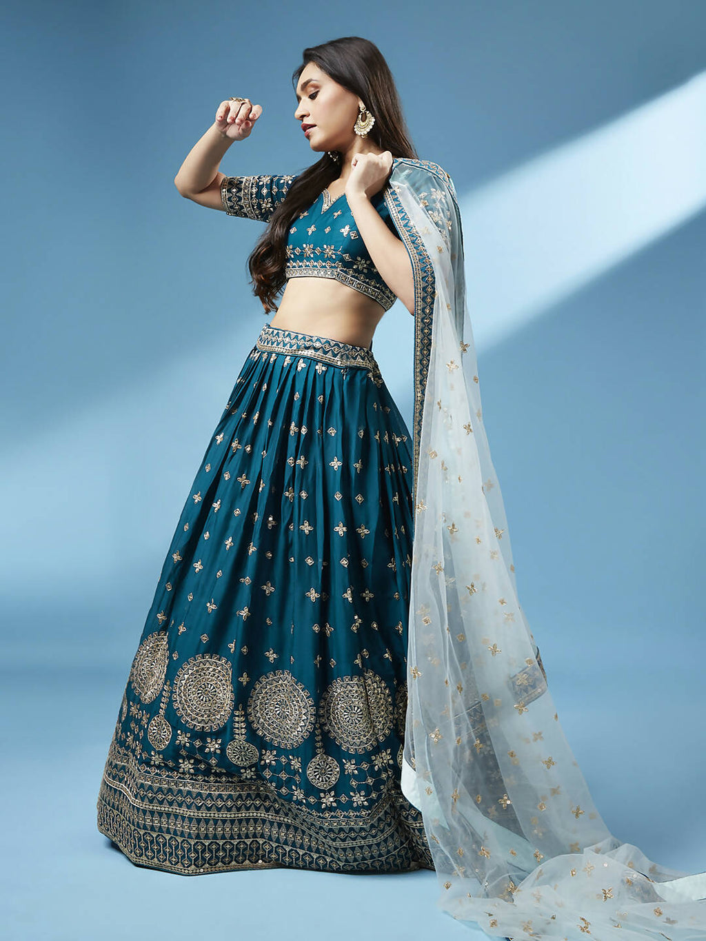 House of Panchhi Teal - Pure Georgette Embroidered Lehenga | Grocsy