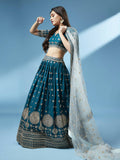 House of Panchhi Teal - Pure Georgette Embroidered Lehenga | Grocsy