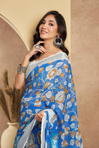 Vastranavya Blue Digital Printed Linen Ready To Wear Designer Saree with Unstitched Blouse | Grocsy