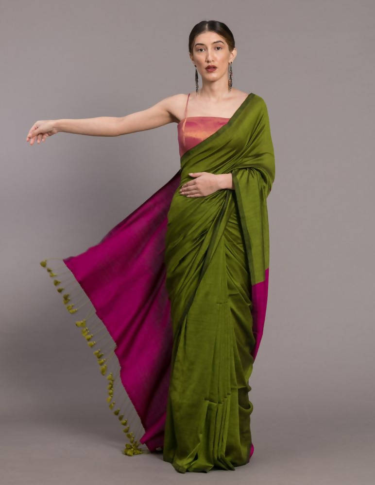 Suta Green Pink Colourblocked Saree | Grocsy