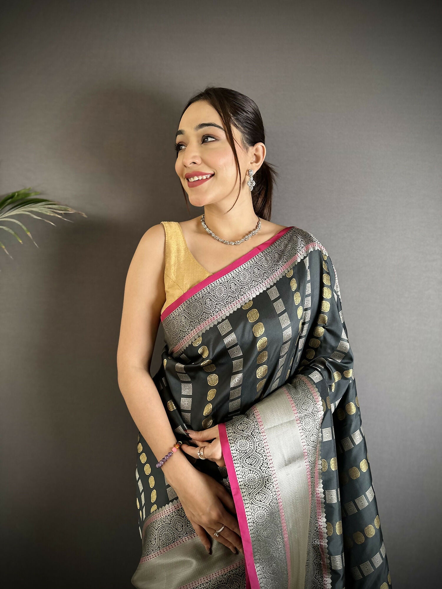 Joban Fashion Black Checked Soft Silk Kanjivaram Silk Saree | Grocsy