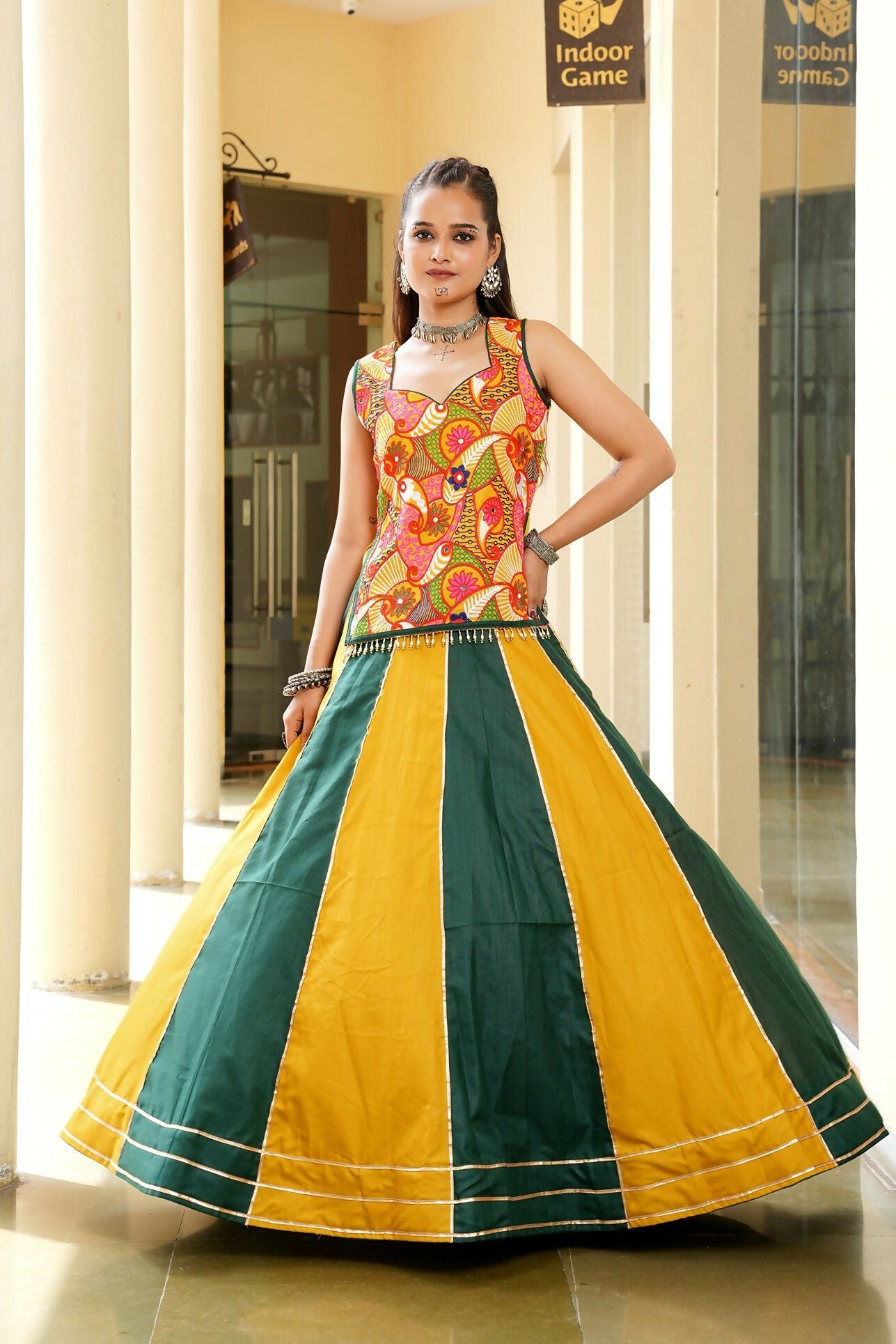 AI Fashion Mustard & Green Cotton Designer Navratri Wear Lehenga Choli Collection | Grocsy