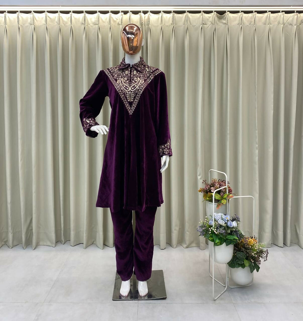 Vastranavya Purple Velvet Sequence Embroidery Work Top With Palazzo | Grocsy