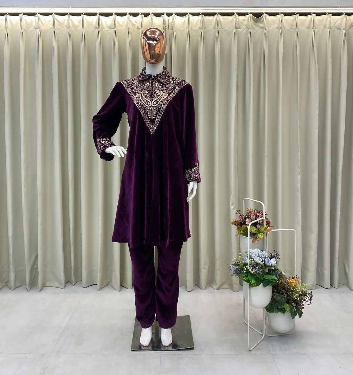 Vastranavya Purple Velvet Sequence Embroidery Work Top With Palazzo | Grocsy