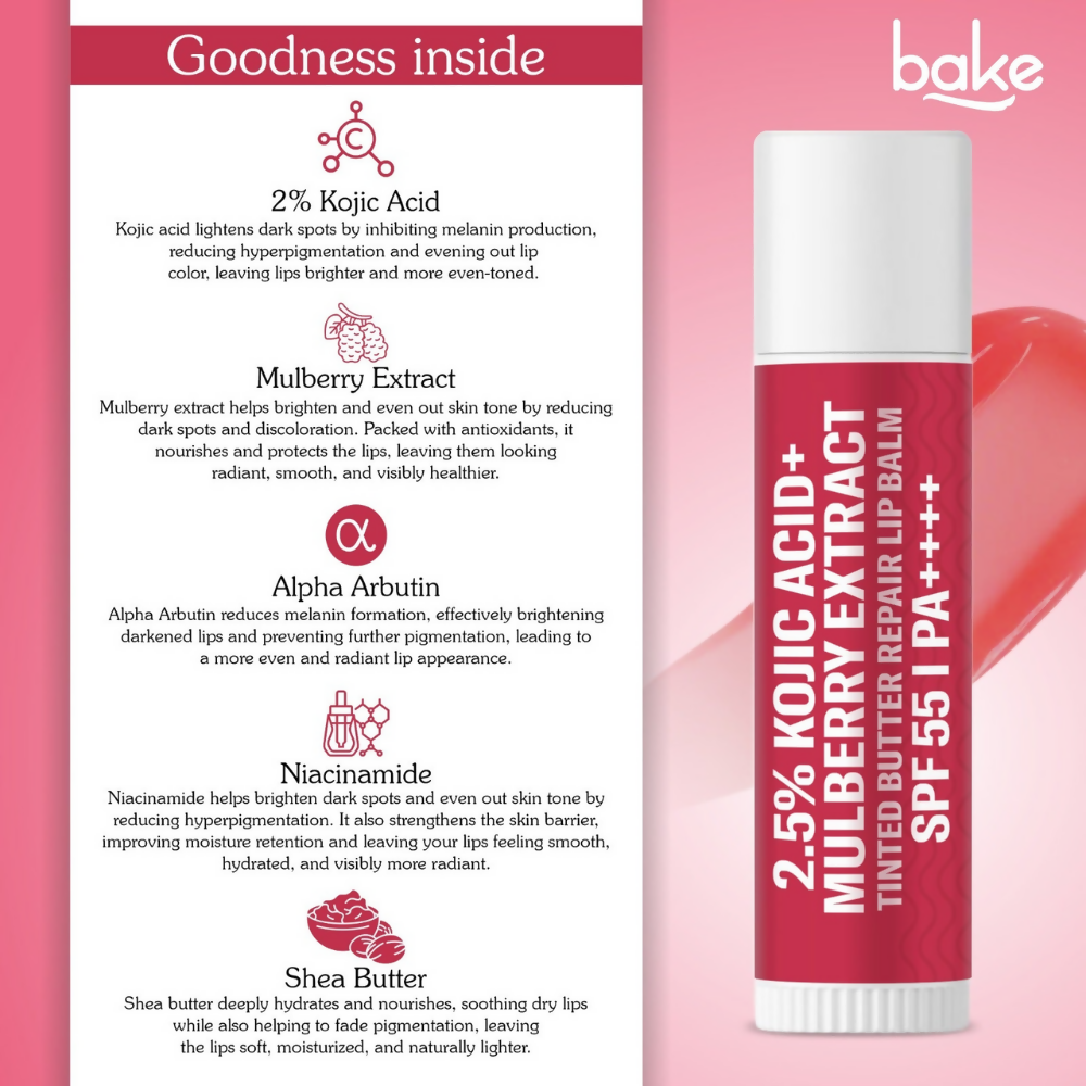 Bake 2.5% Kojic Acid Mulberry Extract Tinted Butter Brightening Lip Balm SPF 55 PA++++ | Grocsy