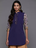 Ahalyaa Blue & Gold-Toned Mandarin Collar Printed Tunic - Blue Color | Grocsy