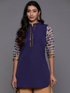 Ahalyaa Blue & Gold-Toned Mandarin Collar Printed Tunic - Blue Color | Grocsy